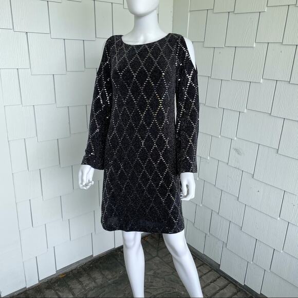 Jessica Howard Women's Black Sequin Diamond Pattern Cold Shoulder Dress sz 8 - Picture 2 of 8